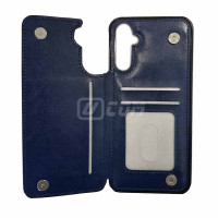 Samsung S24 FE (2024) Hard With Leather Card Slots Back Flip Side Case Navy Blue