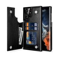 Samsung S26 Ultra Hard With Leather Card Slots Back Flip Side Case Black